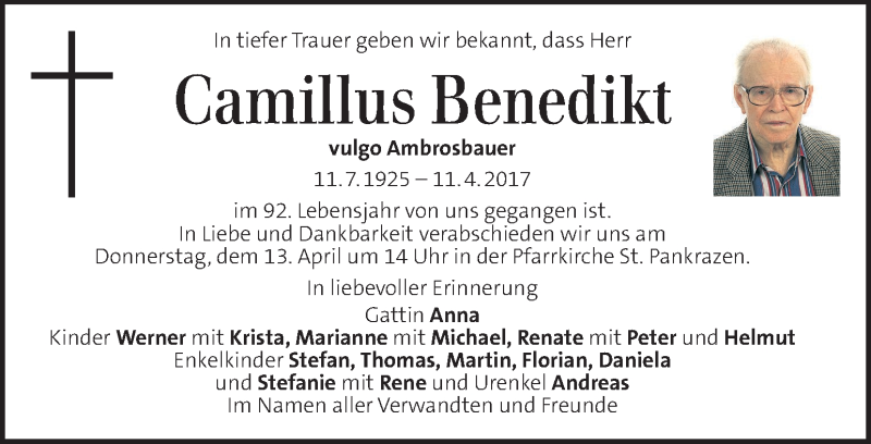  Traueranzeige für Camillus Benedikt vom 13.04.2017 aus Kleine Zeitung