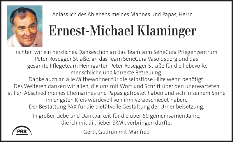  Traueranzeige für Ernest-Michael Klaminger vom 30.04.2017 aus Kleine Zeitung