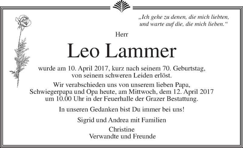  Traueranzeige für Leo Lammer vom 12.04.2017 aus Kleine Zeitung