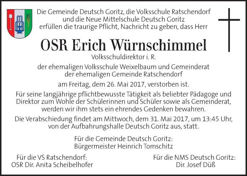  Traueranzeige für Erich Würnschimmel vom 30.05.2017 aus Kleine Zeitung
