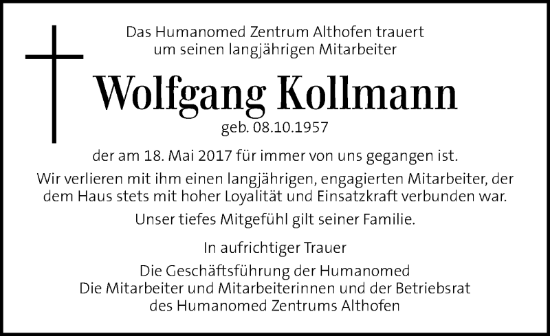  Traueranzeige für Wolfgang Kollmann vom 24.05.2017 aus Kleine Zeitung