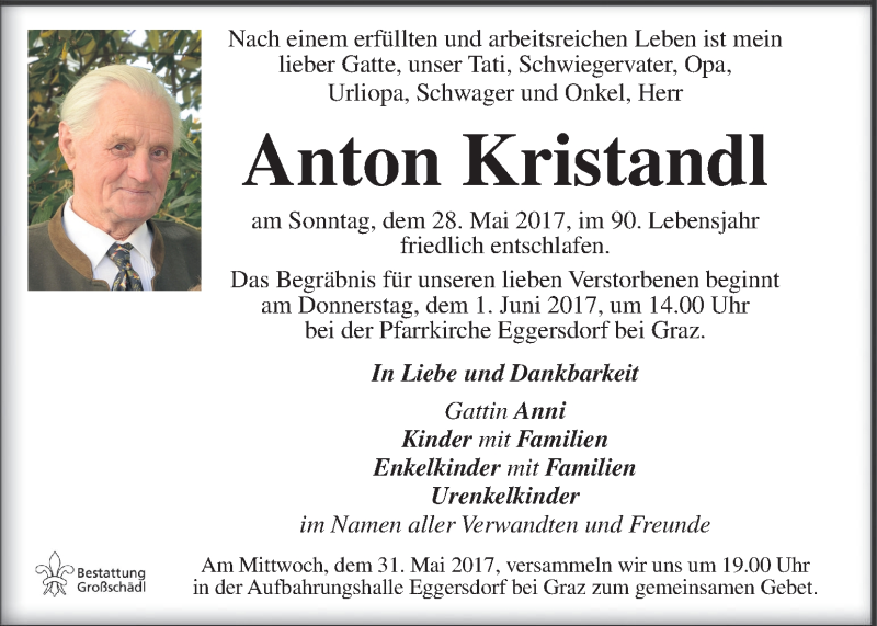  Traueranzeige für Anton Kristandl vom 31.05.2017 aus Kleine Zeitung