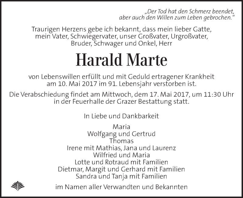  Traueranzeige für Harald Marte vom 13.05.2017 aus Kleine Zeitung