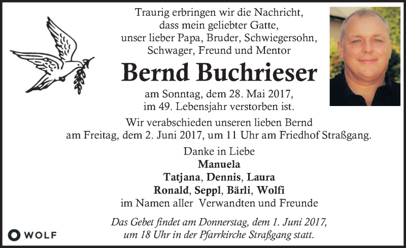  Traueranzeige für Bernd Buchrieser vom 31.05.2017 aus Kleine Zeitung
