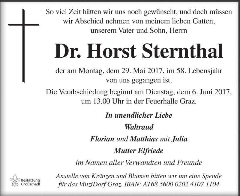  Traueranzeige für Horst Sternthal vom 01.06.2017 aus Kleine Zeitung