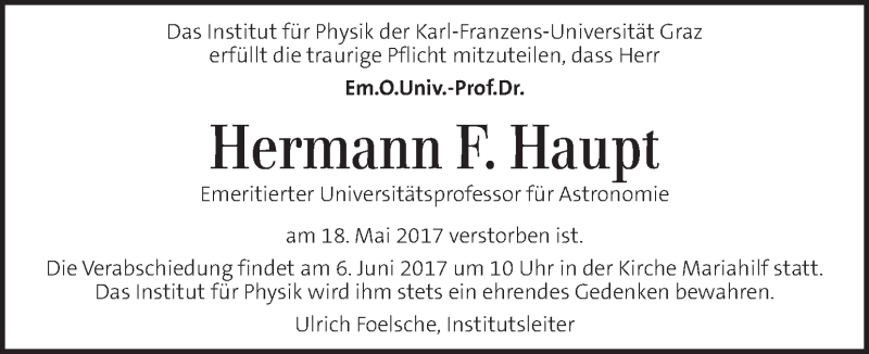  Traueranzeige für Hermann F. Haupt vom 25.05.2017 aus Kleine Zeitung