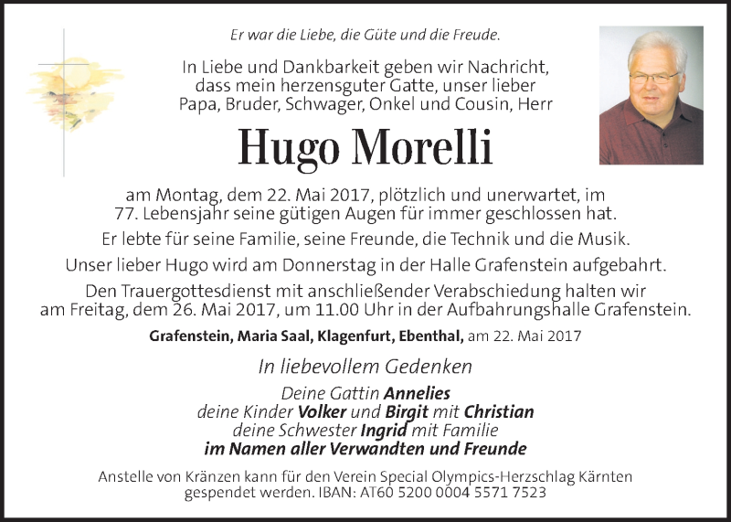  Traueranzeige für Hugo Morelli vom 24.05.2017 aus Kleine Zeitung