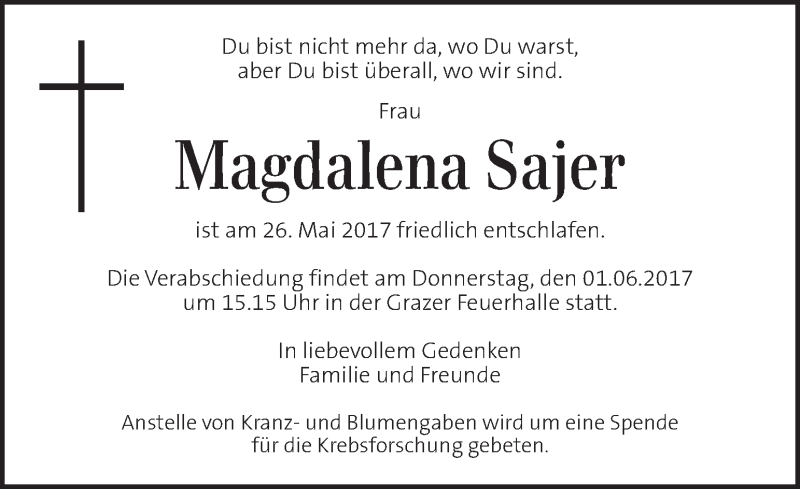  Traueranzeige für Magdalena Sajer vom 30.05.2017 aus Kleine Zeitung