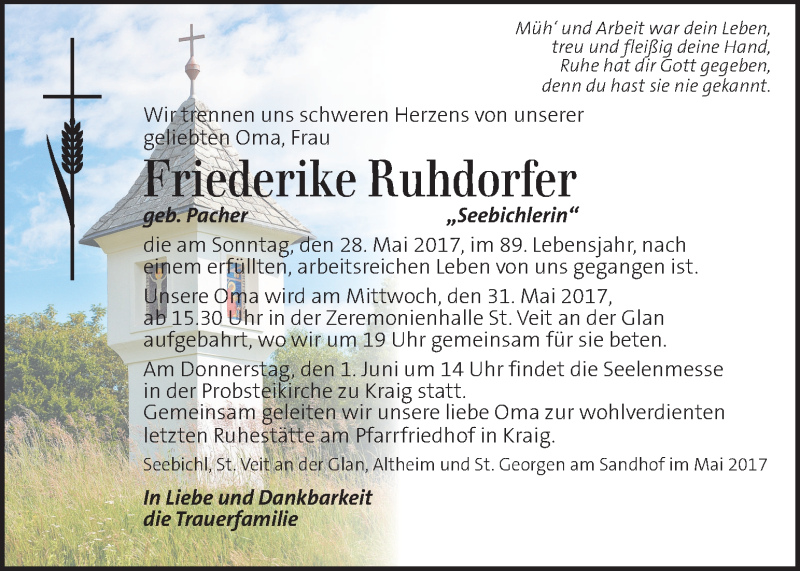  Traueranzeige für Friederike Ruhdorfer vom 31.05.2017 aus Kleine Zeitung