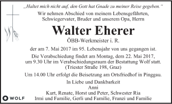 Traueranzeige von Walter Eherer von Kleine Zeitung