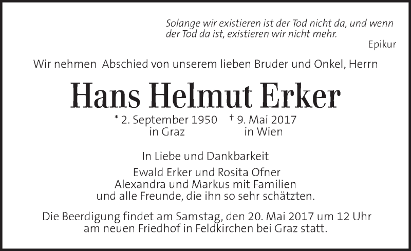  Traueranzeige für Hans Helmut Erker vom 17.05.2017 aus Kleine Zeitung