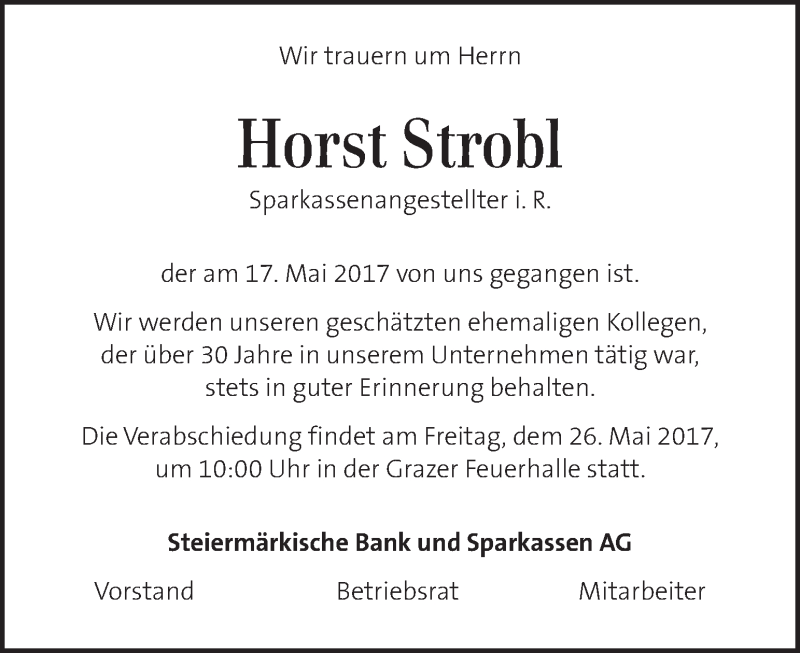  Traueranzeige für Horst Strobl vom 23.05.2017 aus Kleine Zeitung