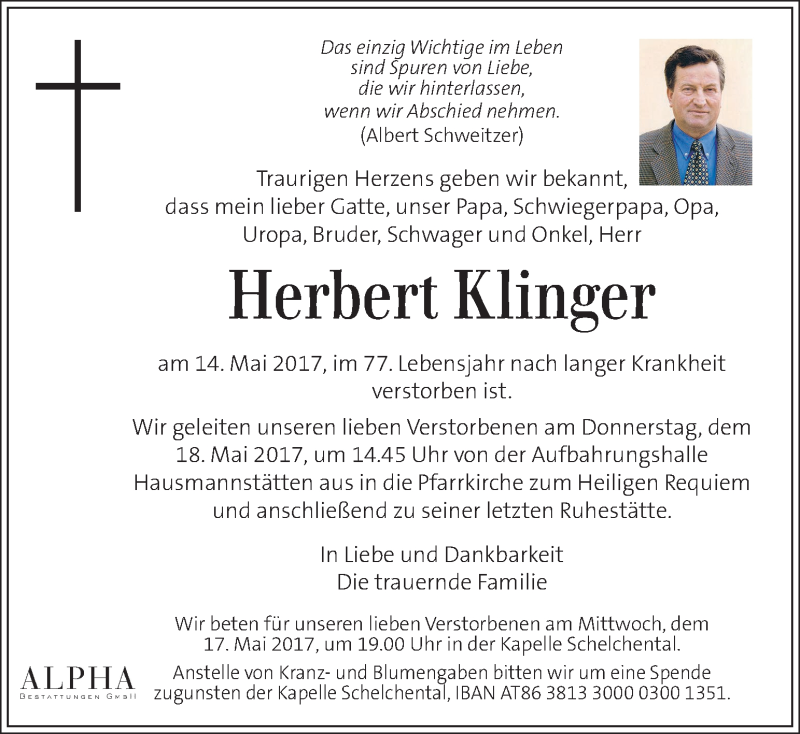  Traueranzeige für Herbert Klinger vom 16.05.2017 aus Kleine Zeitung