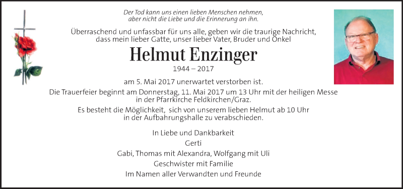  Traueranzeige für Helmut Enzinger vom 09.05.2017 aus Kleine Zeitung