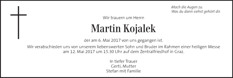  Traueranzeige für Martin Kojalek vom 10.05.2017 aus Kleine Zeitung