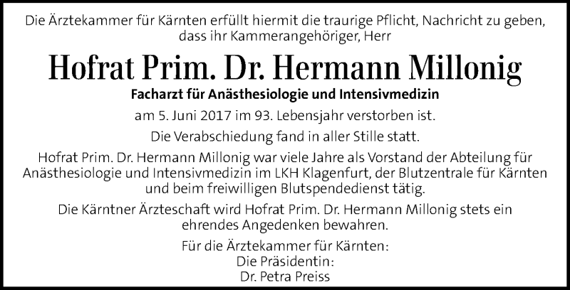  Traueranzeige für Hermann Millonig vom 24.06.2017 aus Kleine Zeitung