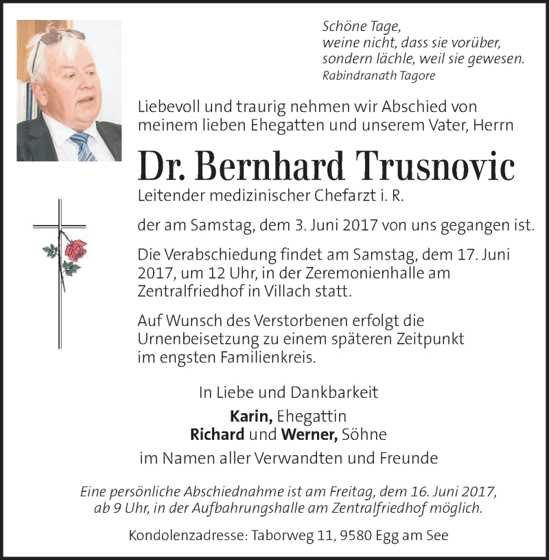  Traueranzeige für Bernhard Trusnovic vom 11.06.2017 aus Kleine Zeitung