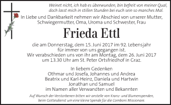 Traueranzeige von Frieda Ettl von Kleine Zeitung