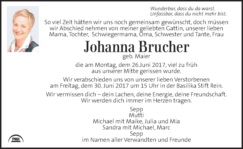  Traueranzeige für Johanna Brucher vom 29.06.2017 aus Kleine Zeitung