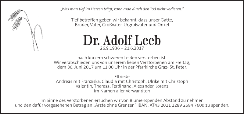  Traueranzeige für Adolf Leeb vom 24.06.2017 aus Kleine Zeitung