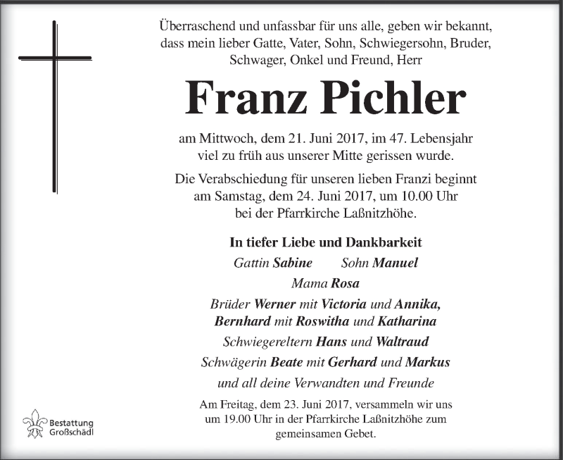  Traueranzeige für Franz Pichler vom 23.06.2017 aus Kleine Zeitung