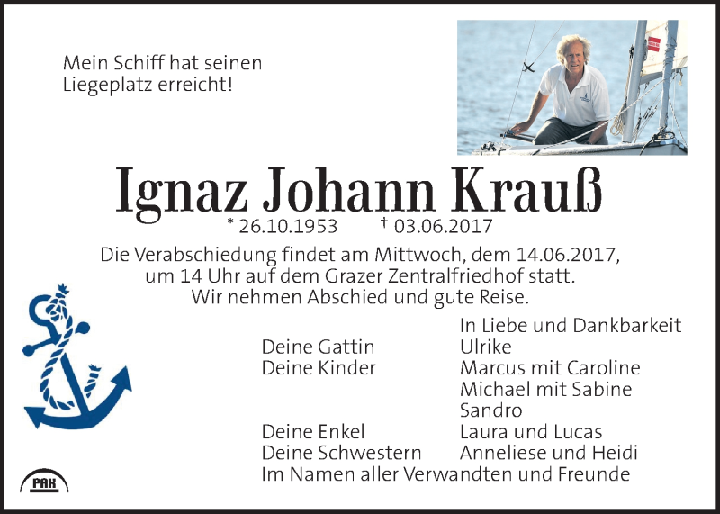  Traueranzeige für Ignaz Johann Krauß vom 09.06.2017 aus Kleine Zeitung