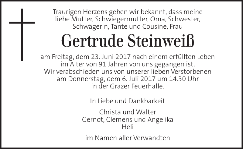  Traueranzeige für Gertrude Steinweiß vom 30.06.2017 aus Kleine Zeitung