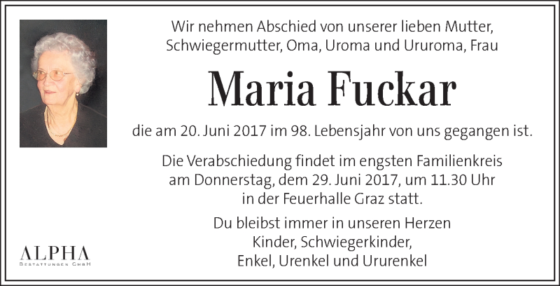  Traueranzeige für Maria Fuckar vom 25.06.2017 aus Kleine Zeitung