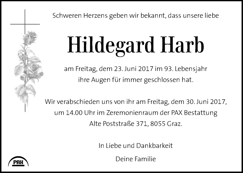  Traueranzeige für Hildegard Harb vom 30.06.2017 aus Kleine Zeitung