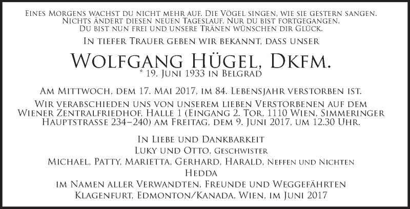  Traueranzeige für Wolfgang Hügel vom 07.06.2017 aus Kleine Zeitung