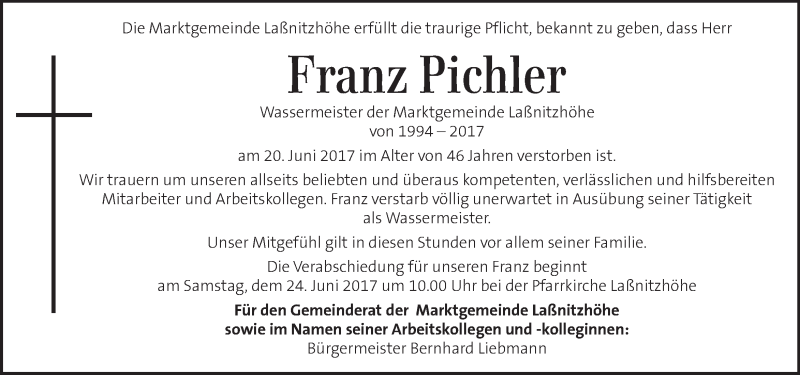  Traueranzeige für Franz Pichler vom 23.06.2017 aus Kleine Zeitung