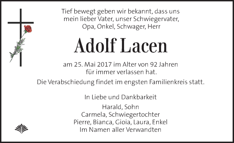  Traueranzeige für Adolf Lacen vom 03.06.2017 aus Kleine Zeitung