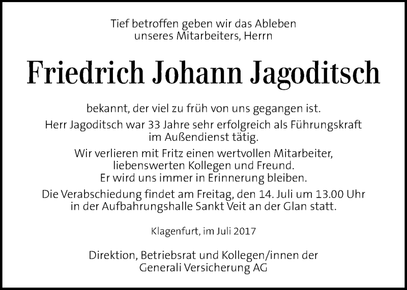  Traueranzeige für Friedrich Johann Jagoditsch vom 13.07.2017 aus Kleine Zeitung