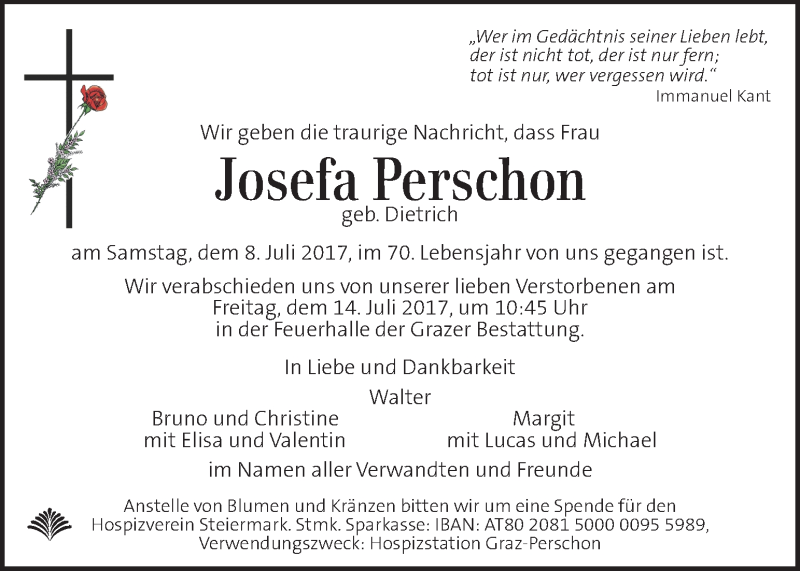  Traueranzeige für Josefa Perschon vom 12.07.2017 aus Kleine Zeitung