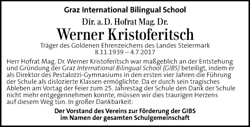  Traueranzeige für Werner Kristoferitsch vom 14.07.2017 aus Kleine Zeitung