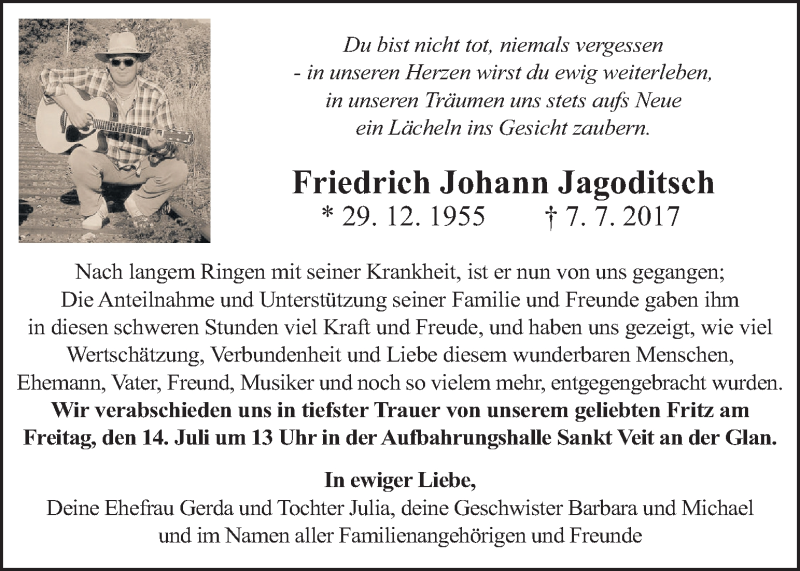  Traueranzeige für Friedrich Johann Jagoditsch vom 12.07.2017 aus Kleine Zeitung