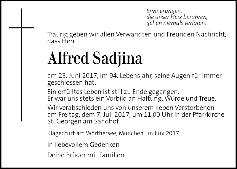  Traueranzeige für Alfred Sadjina vom 02.07.2017 aus Kleine Zeitung