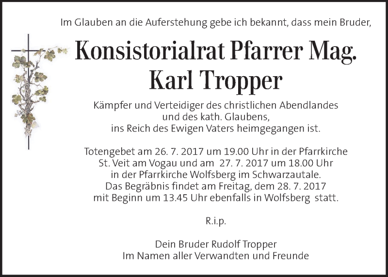  Traueranzeige für Karl Tropper vom 19.07.2017 aus Kleine Zeitung