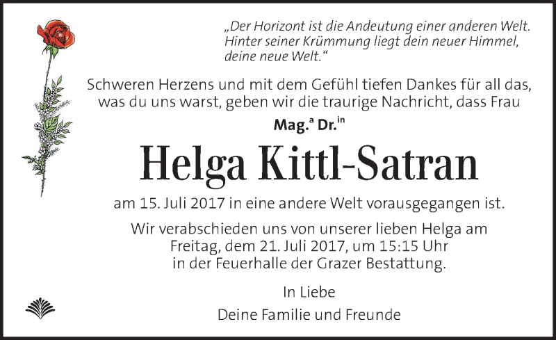  Traueranzeige für Helga Kittl-Satran vom 19.07.2017 aus Kleine Zeitung