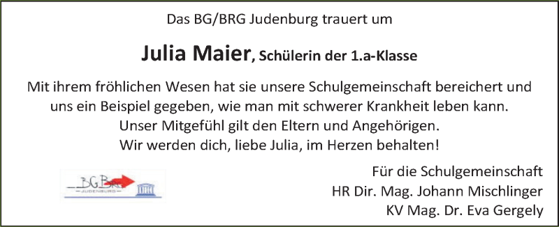  Traueranzeige für Julia Maier vom 21.07.2017 aus Kleine Zeitung