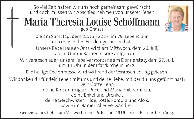  Traueranzeige für Maria Theresia Louise Schöffmann vom 26.07.2017 aus Kleine Zeitung