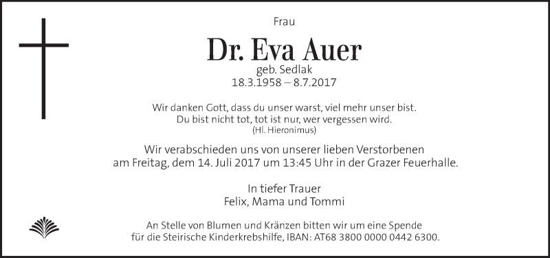  Traueranzeige für Eva Auer vom 13.07.2017 aus Kleine Zeitung