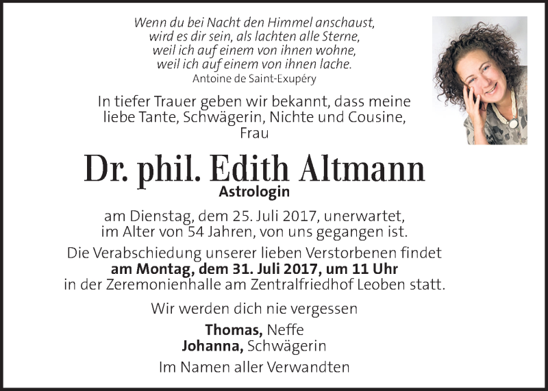  Traueranzeige für Edith Altmann vom 28.07.2017 aus Kleine Zeitung
