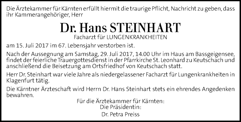  Traueranzeige für Hans Steinhart vom 27.07.2017 aus Kleine Zeitung