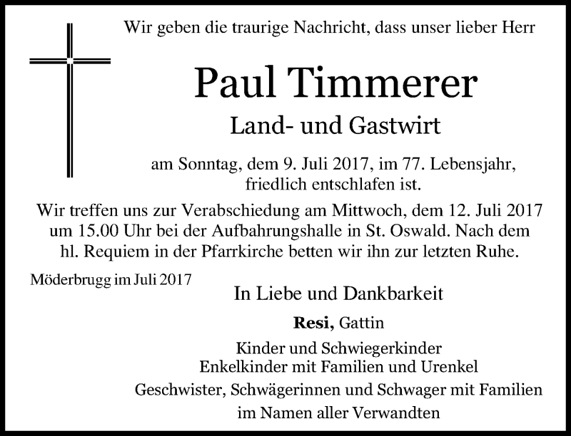  Traueranzeige für Paul Timmerer vom 11.07.2017 aus Kleine Zeitung
