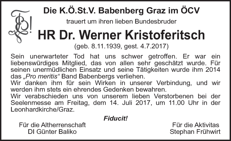  Traueranzeige für Werner Kristoferitsch vom 12.07.2017 aus Kleine Zeitung