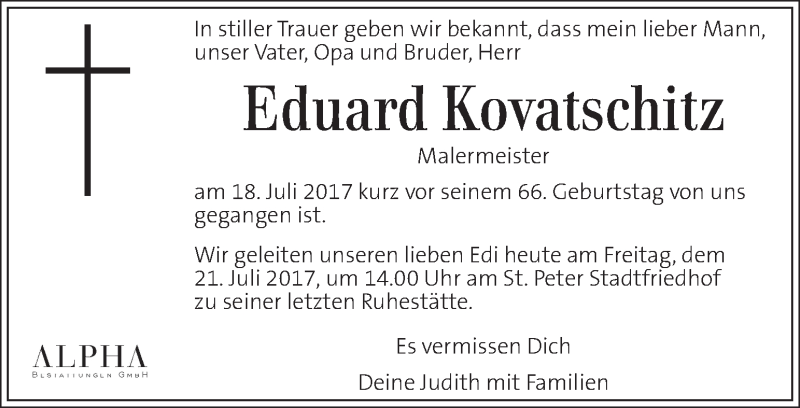  Traueranzeige für Eduard Kovatschitz vom 21.07.2017 aus Kleine Zeitung