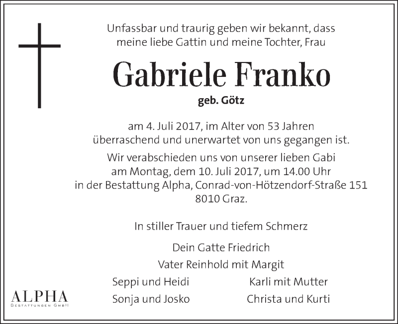  Traueranzeige für Gabriele Franko vom 08.07.2017 aus Kleine Zeitung