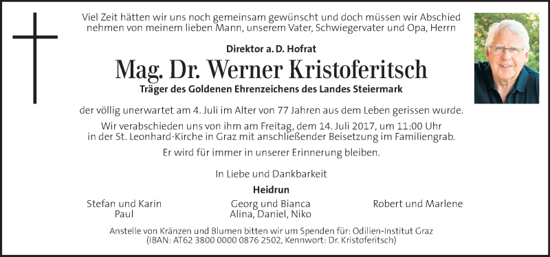  Traueranzeige für Werner Kristoferitsch vom 11.07.2017 aus Kleine Zeitung