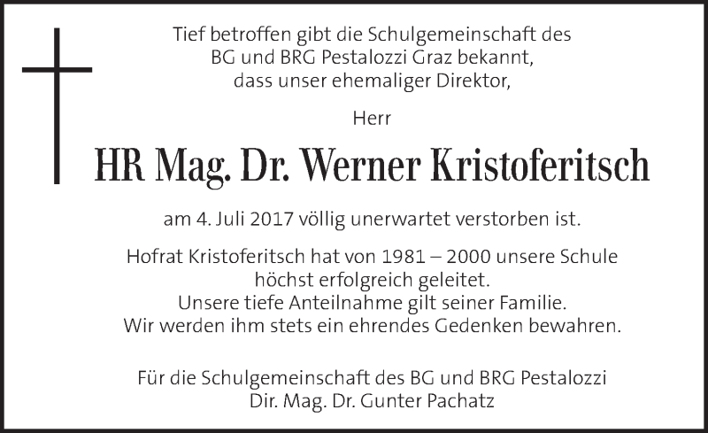  Traueranzeige für Werner Kristoferitsch vom 13.07.2017 aus Kleine Zeitung